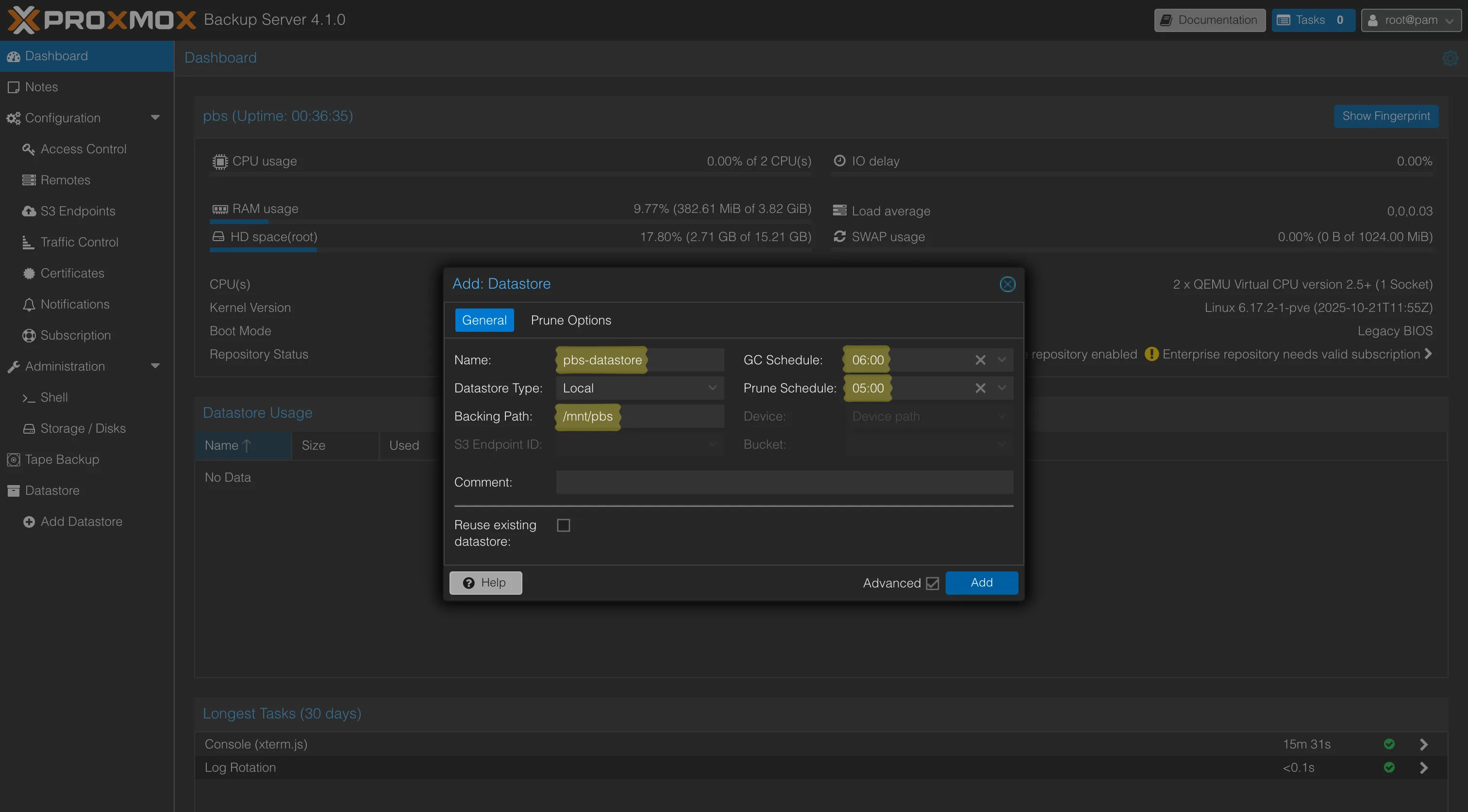 Fenêtre Add Datastore de PBS : nom pbs-datastore, backing path /mnt/pbs, schedules Prune et GC