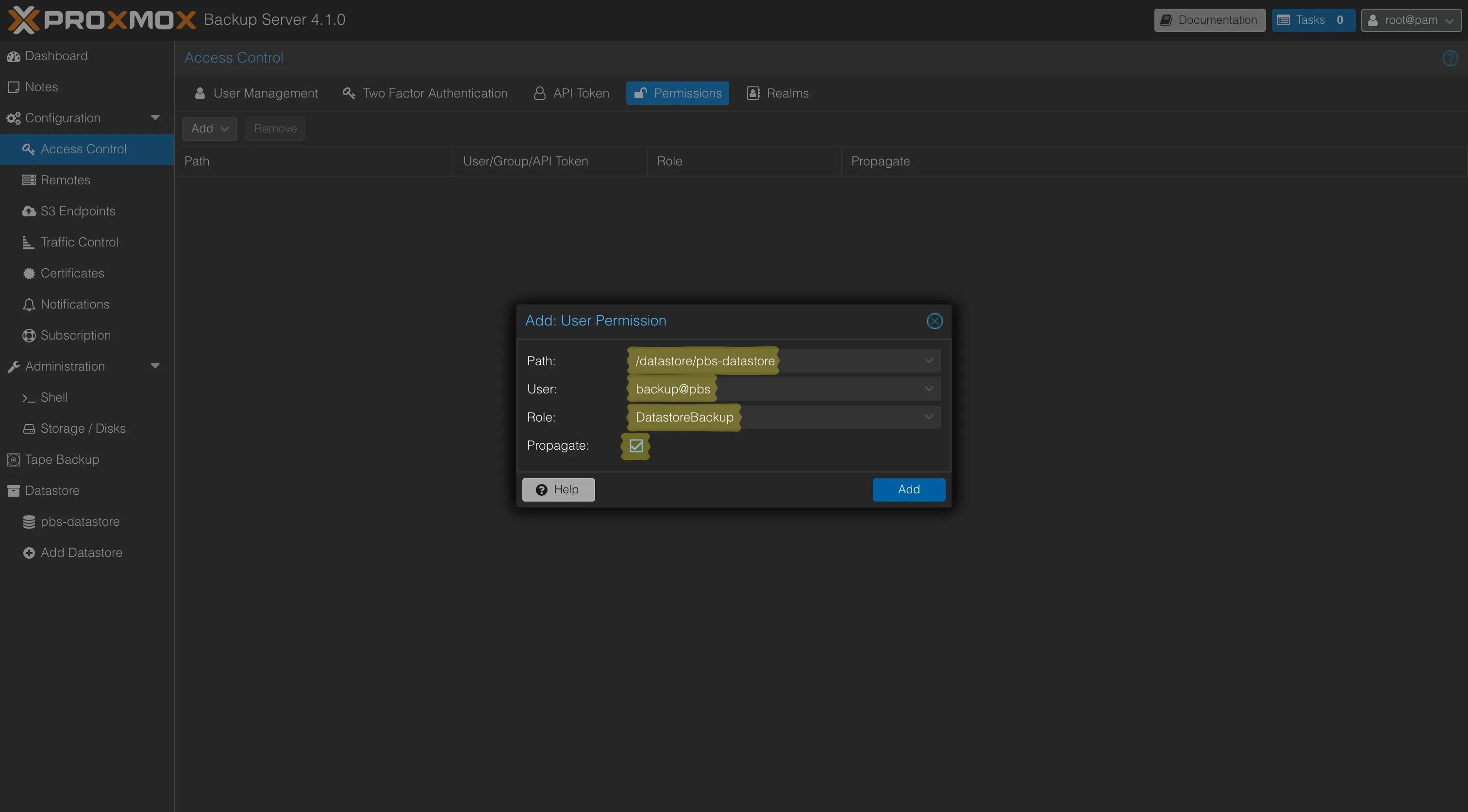 Fenêtre Add User Permission de PBS : utilisateur backup@pbs avec le rôle DatastoreBackup sur le datastore