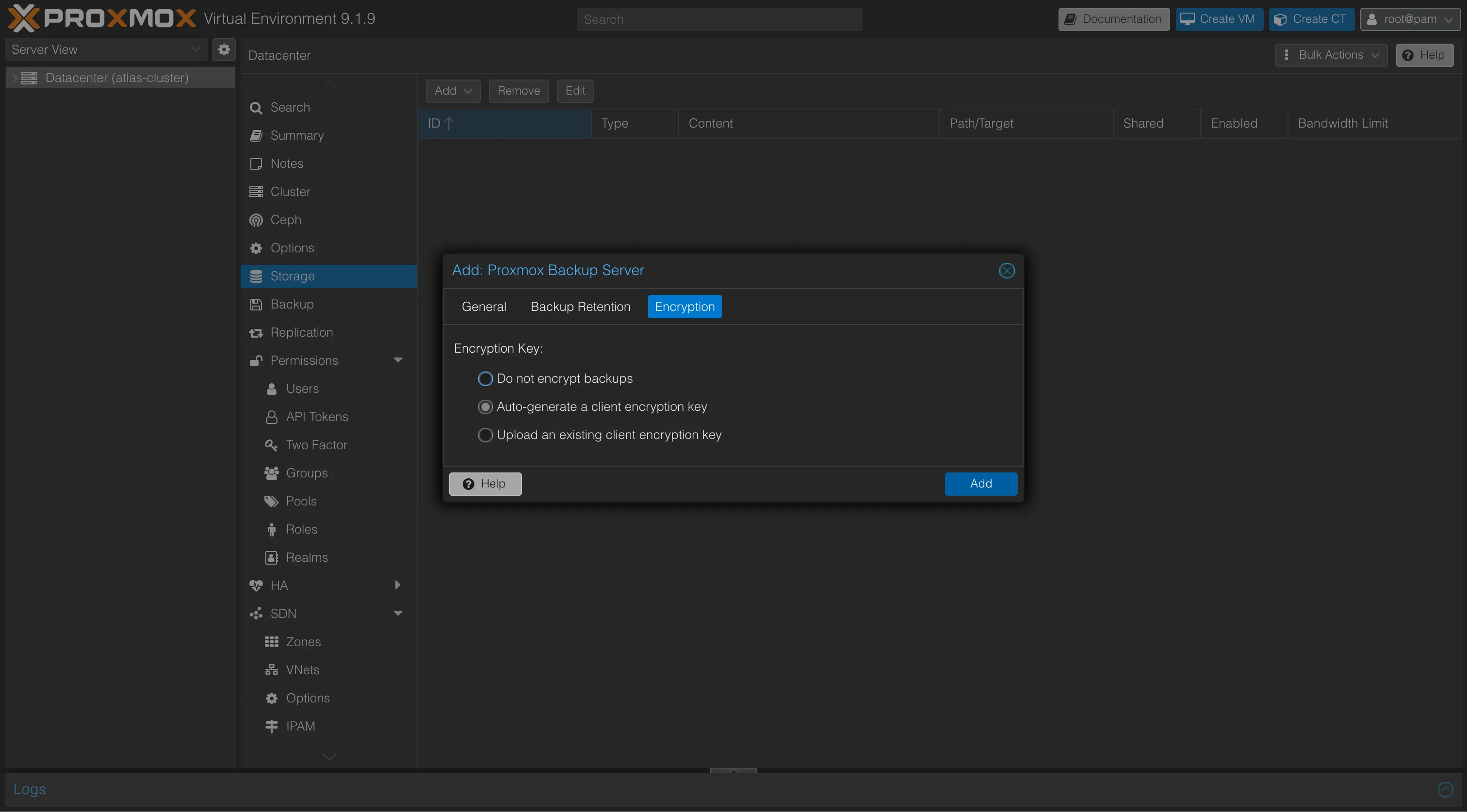 Onglet Encryption de l'ajout du storage PBS : option Auto-generate a client encryption key