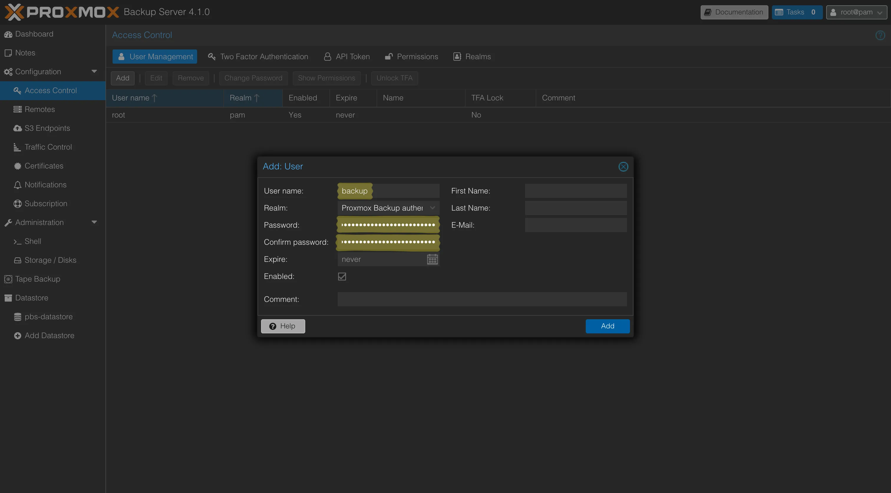 Fenêtre Add User de PBS : création de l'utilisateur backup sur le realm Proxmox Backup authentication server