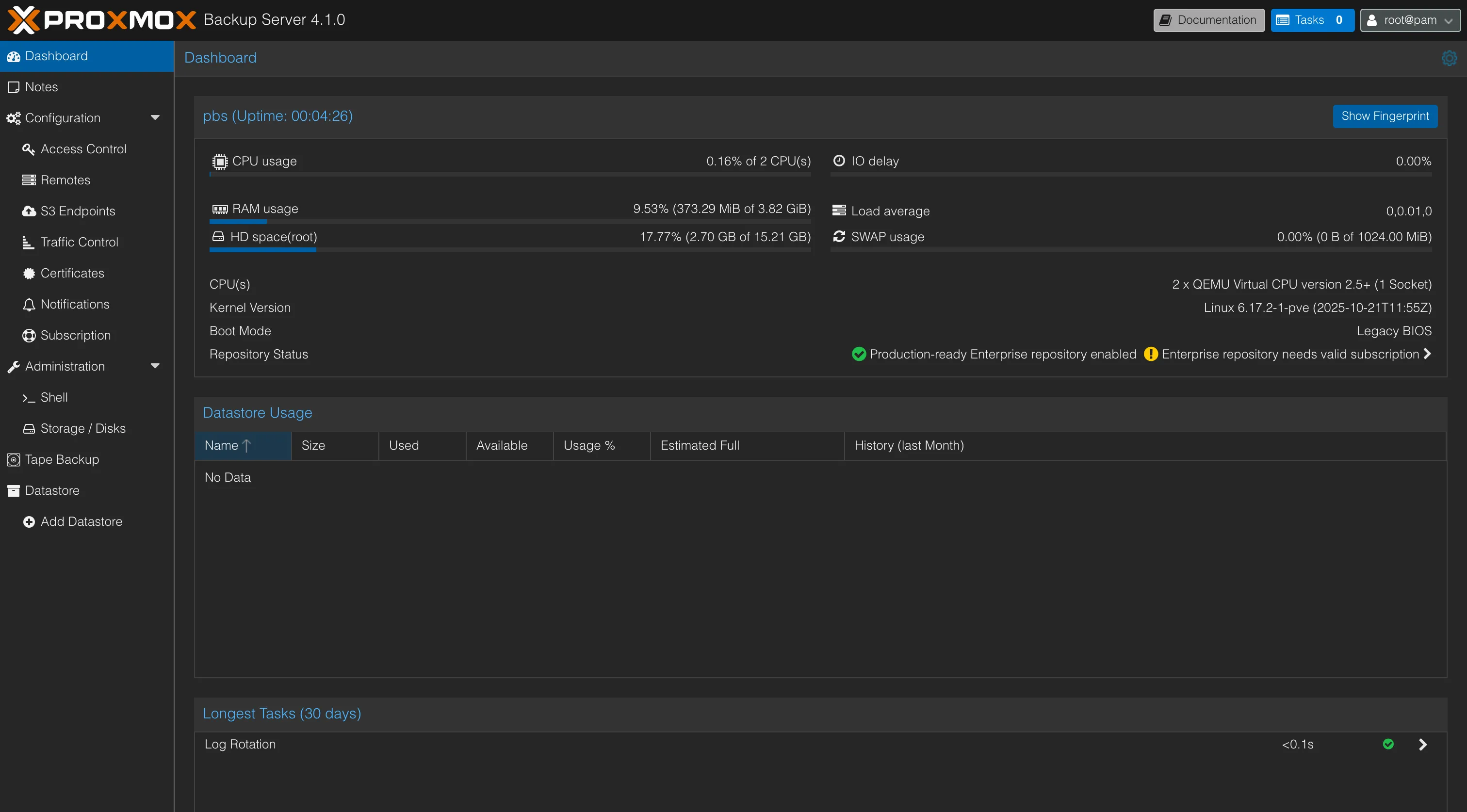 Tableau de bord de Proxmox Backup Server après la première connexion