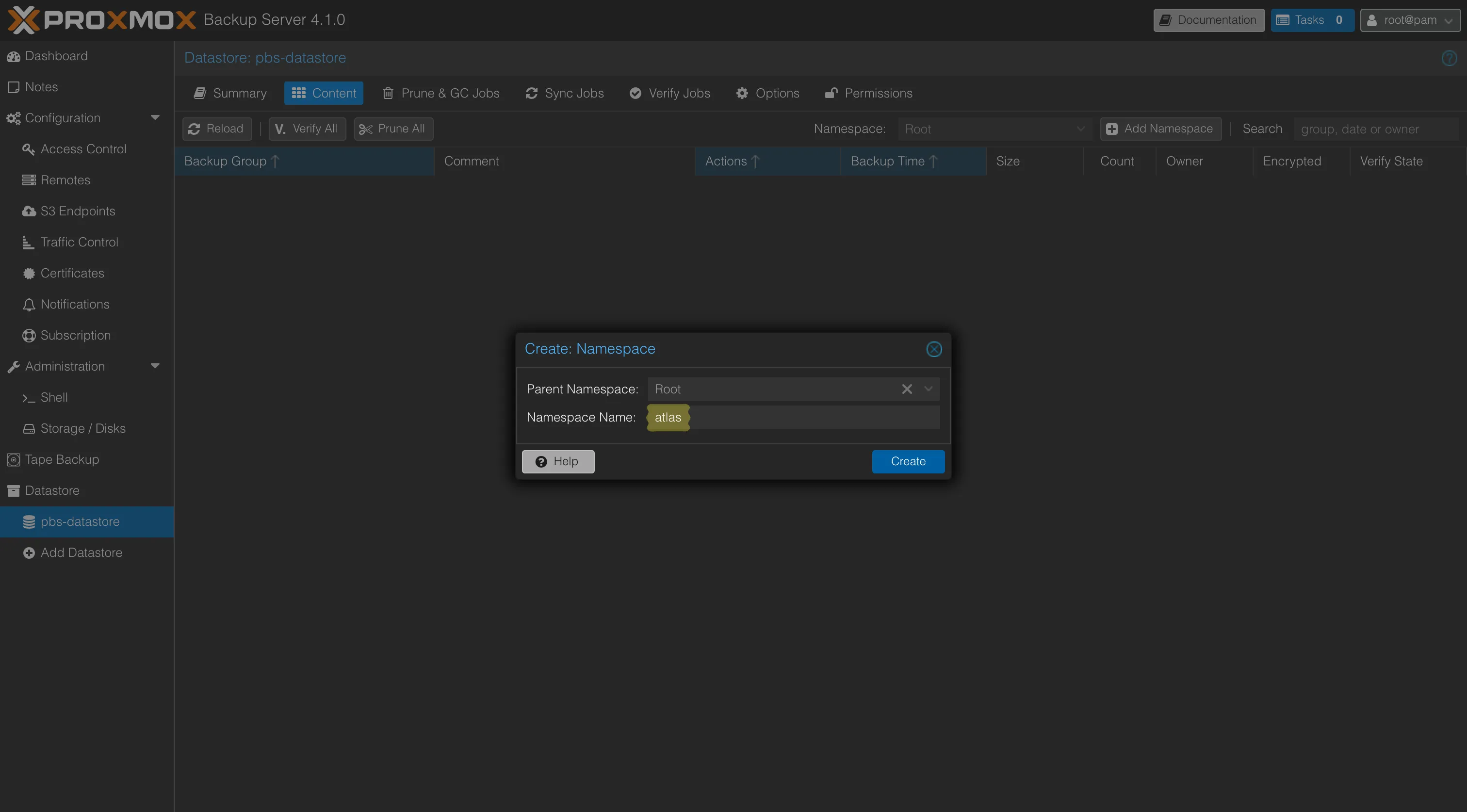 Fenêtre Create Namespace de PBS : namespace atlas créé sous la racine Root du datastore