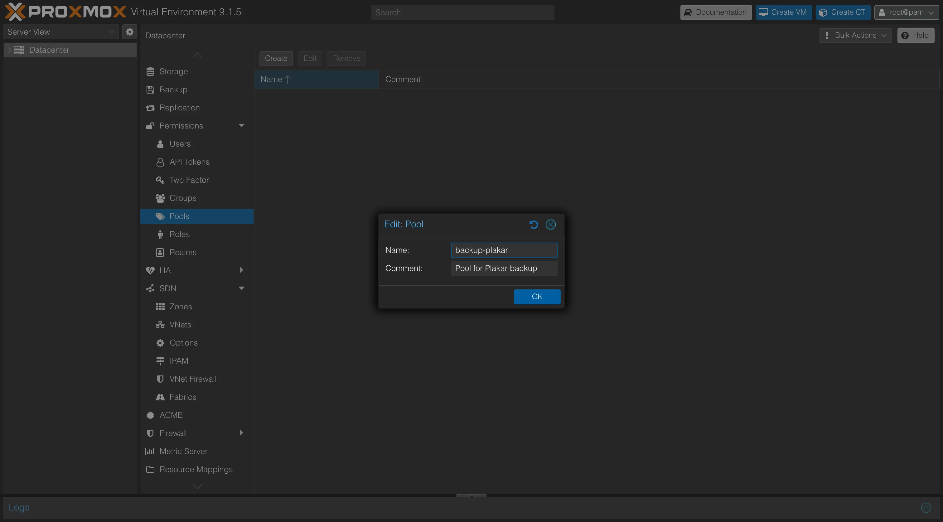 Création du pool Proxmox backup-plakar dans Datacenter → Pools