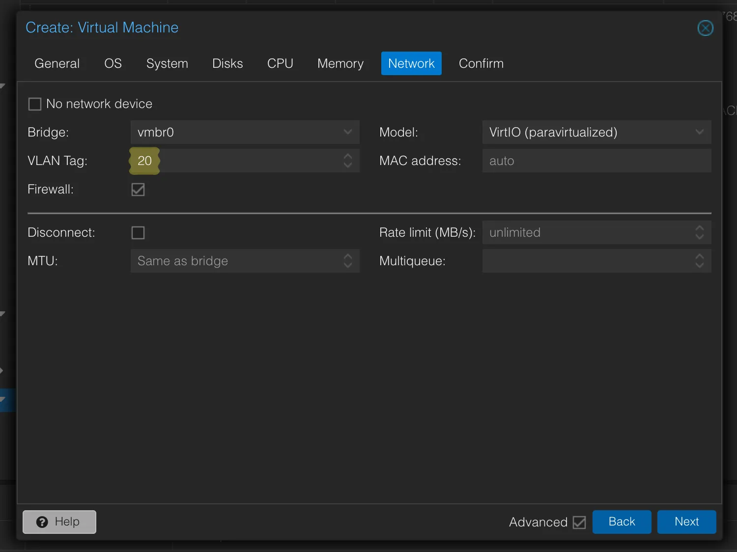 Onglet Network de la création de VM PBS : VLAN Tag 20 sur le bridge vmbr0