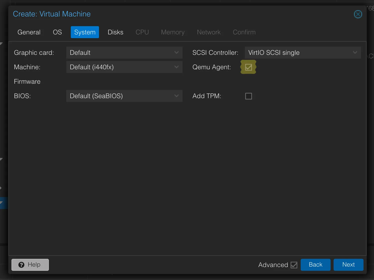 Onglet System de la création de VM PBS : option Qemu Agent cochée