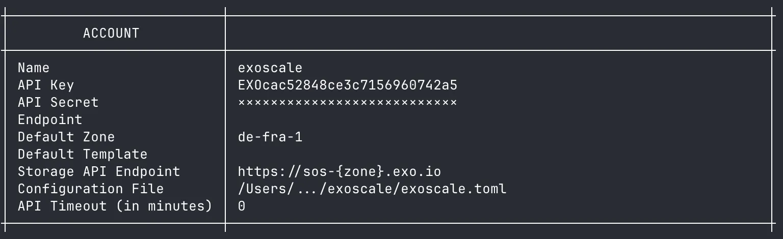 Sortie de la commande exo config show dans le terminal