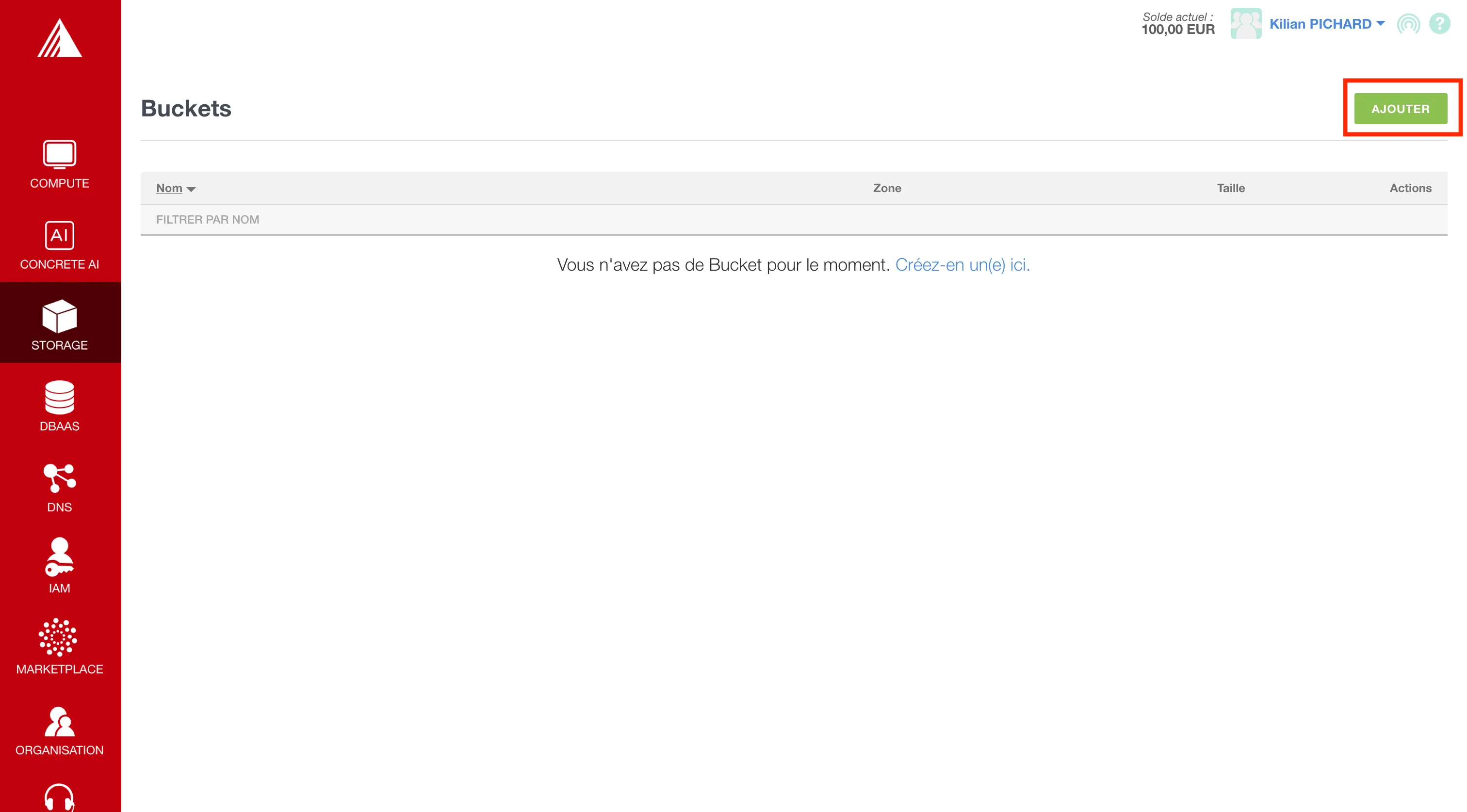 Page Storage du portail Exoscale avec le bouton AJOUTER