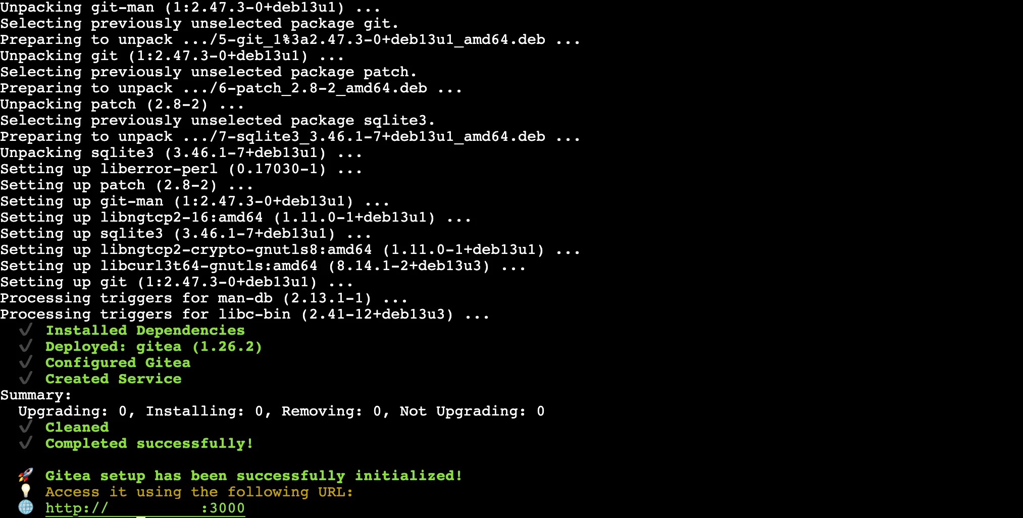 Logs d'installation de Gitea avec l'URL finale