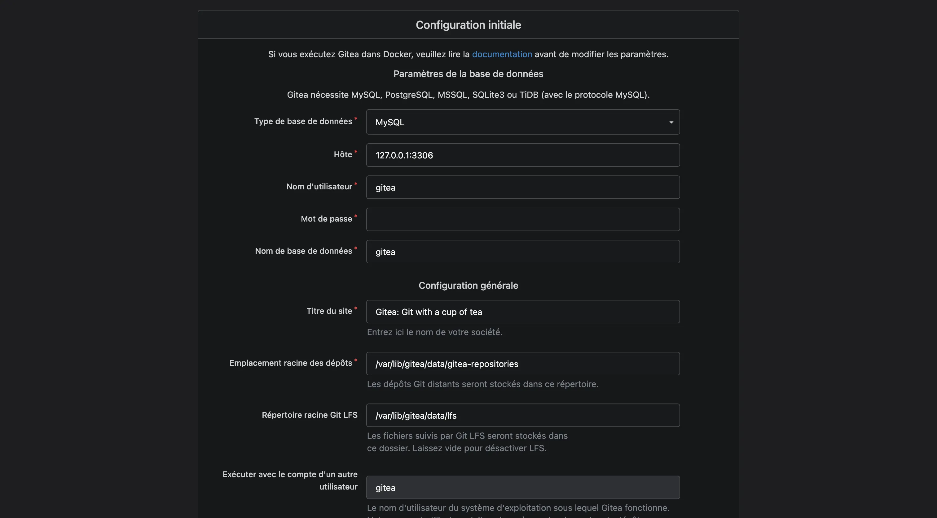 Interface web Gitea au premier lancement