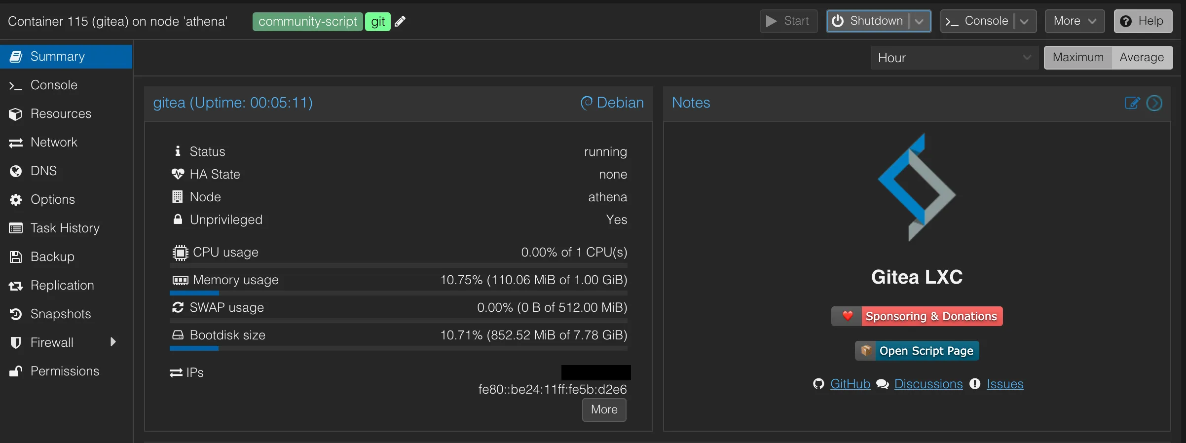 LXC Gitea dans l'interface Proxmox