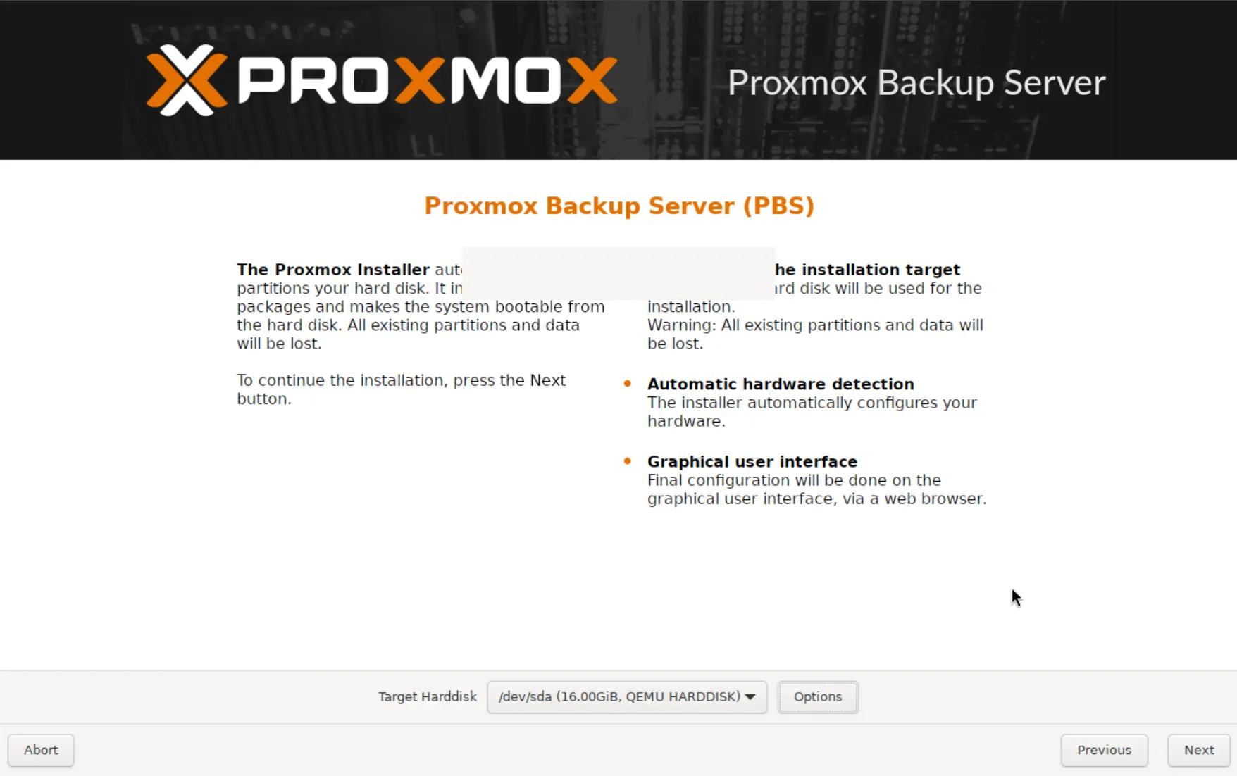 Sélection du disque cible pour l'installation de PBS