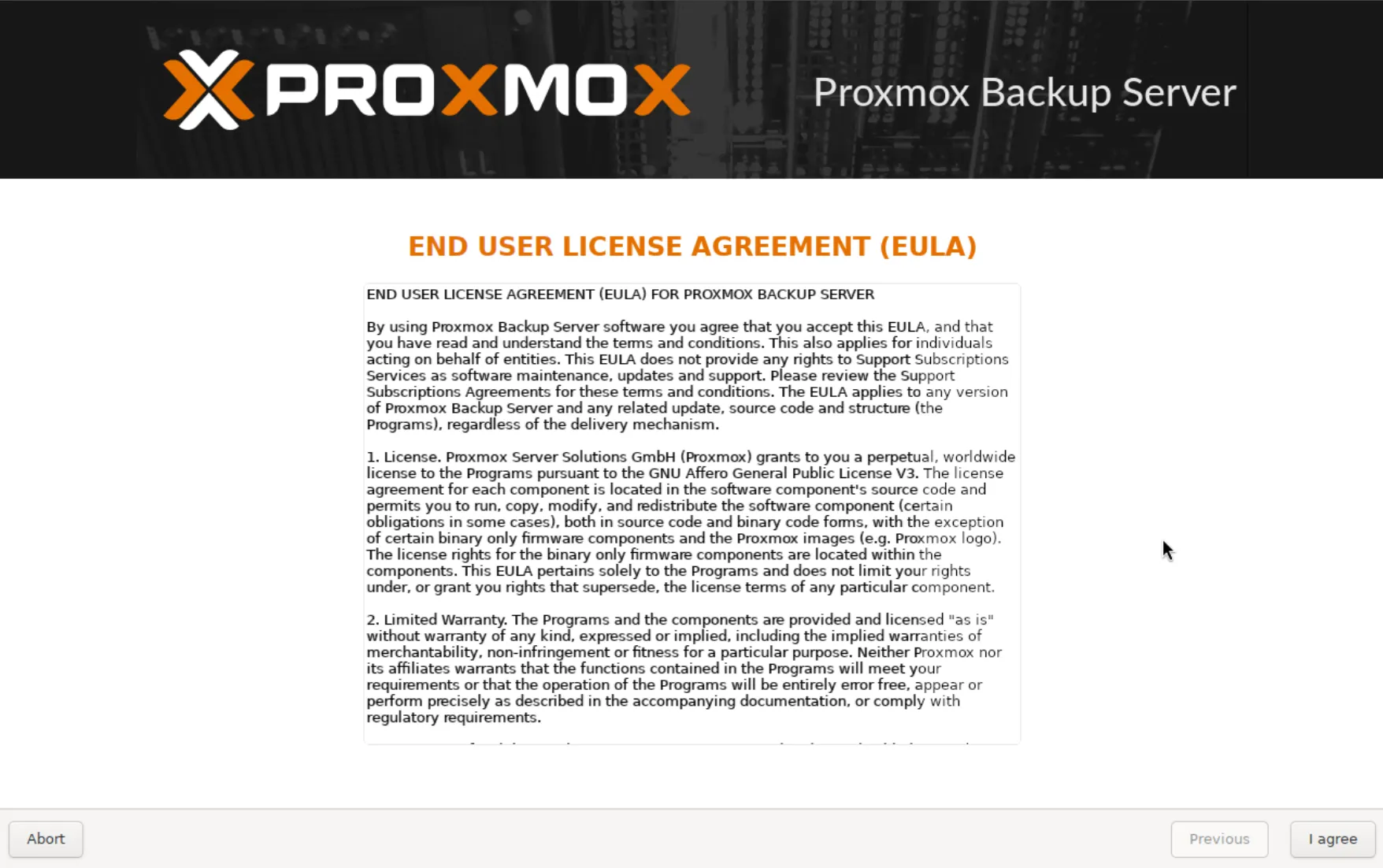 Acceptation du contrat de licence de Proxmox Backup Server