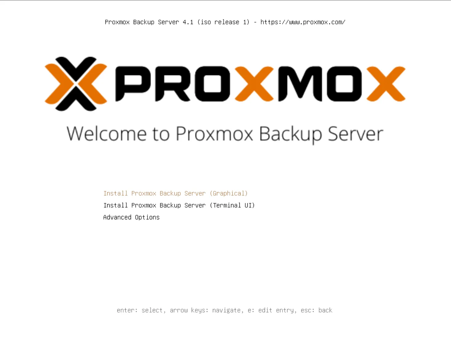 Écran d'accueil de l'installeur Proxmox Backup Server
