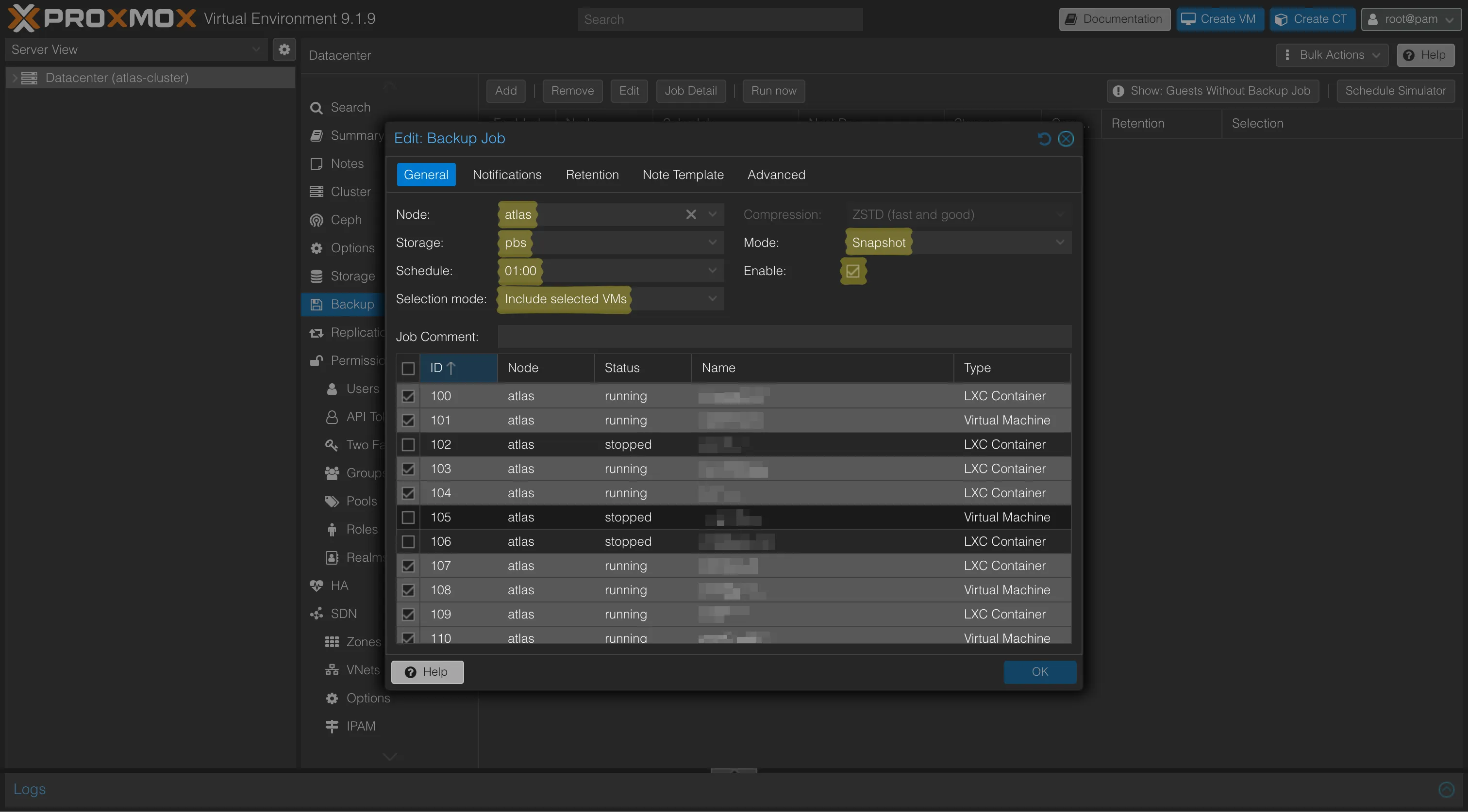 Onglet General du job de backup PBS dans Proxmox : storage pbs, schedule 01:00, mode Snapshot et sélection des VMs