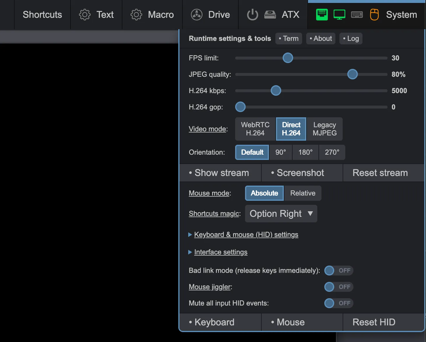 Screenshot of the KVM system settings