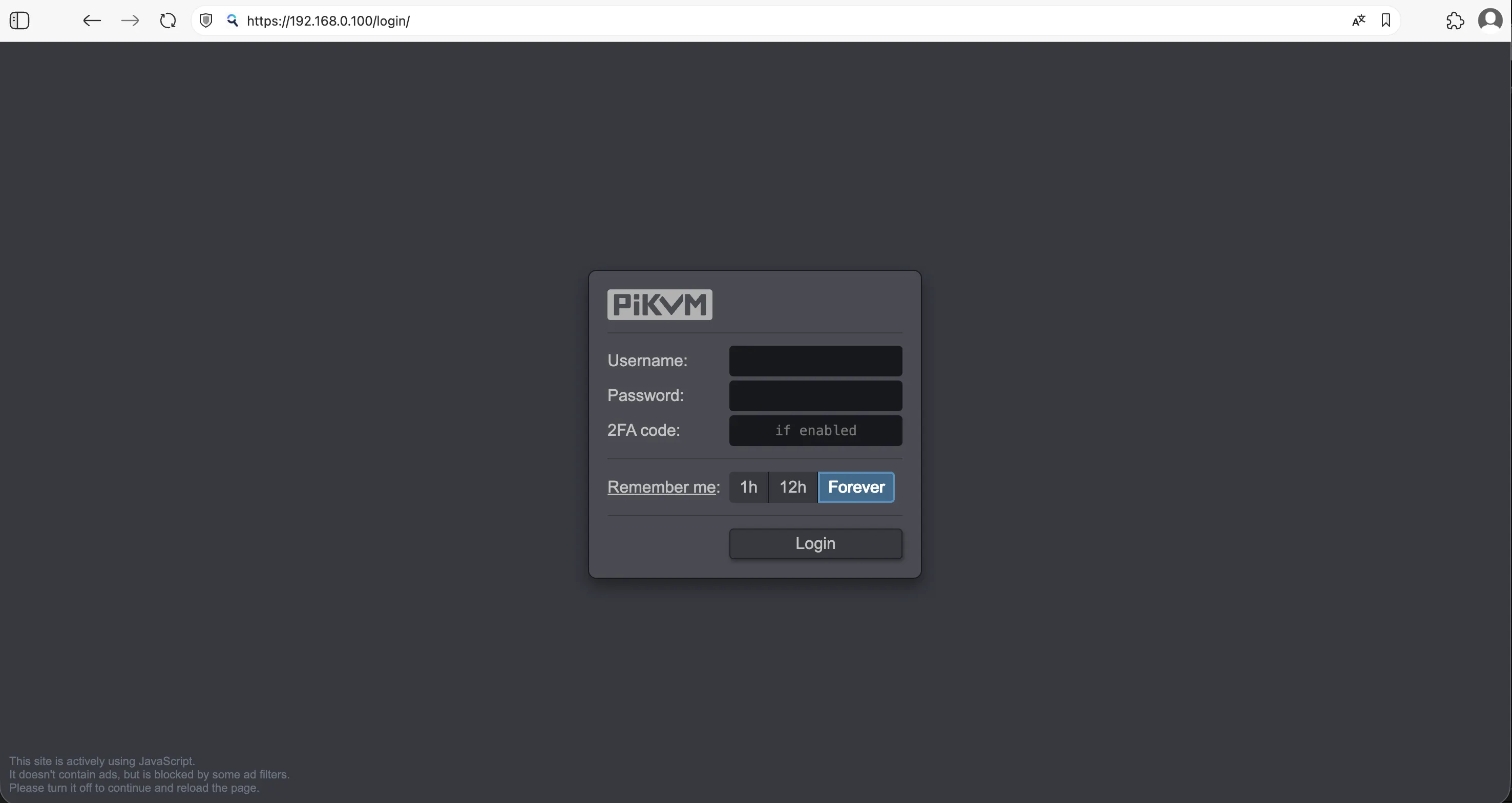 Screenshot of the login page