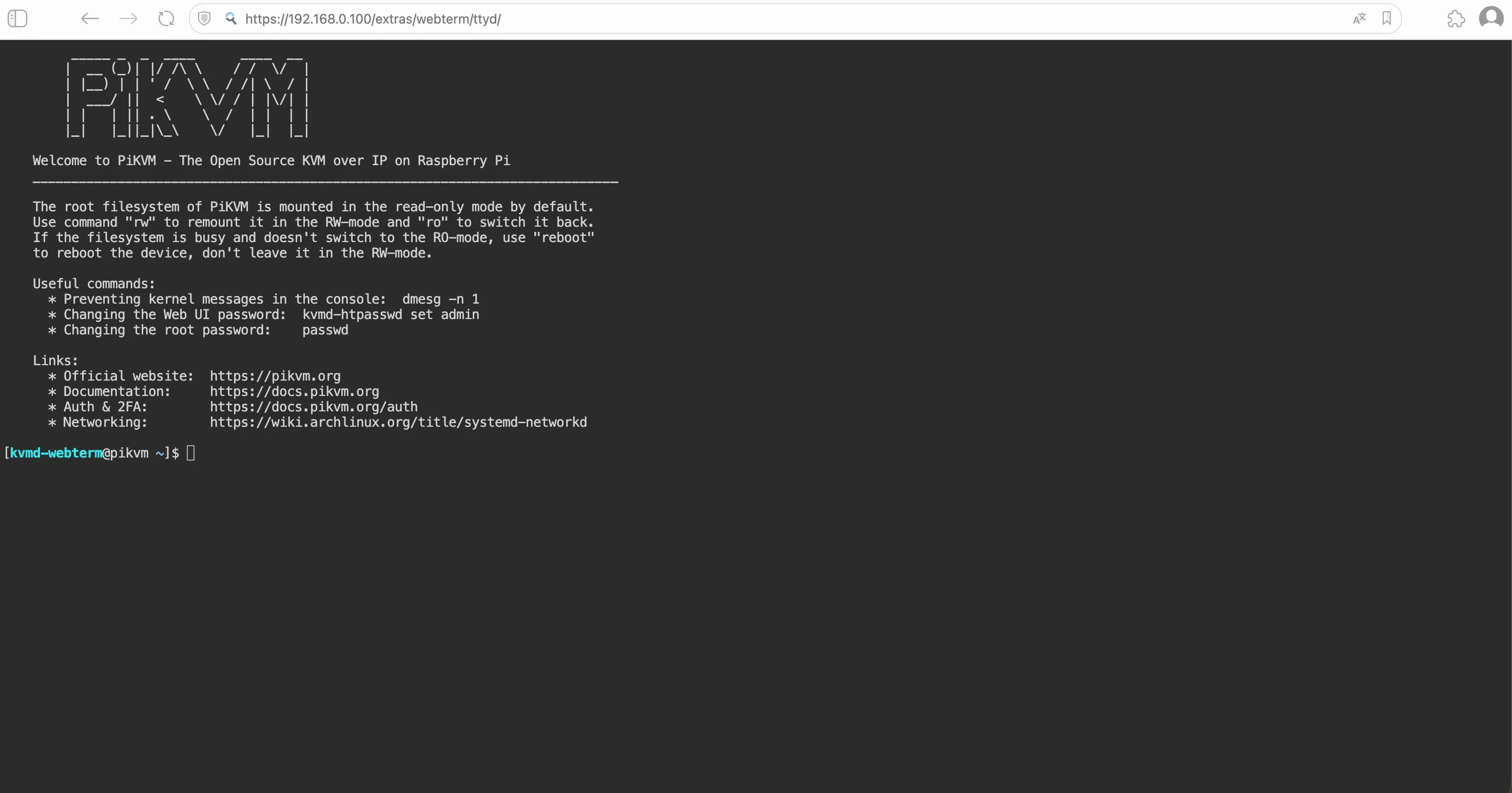 Screenshot of the terminal page