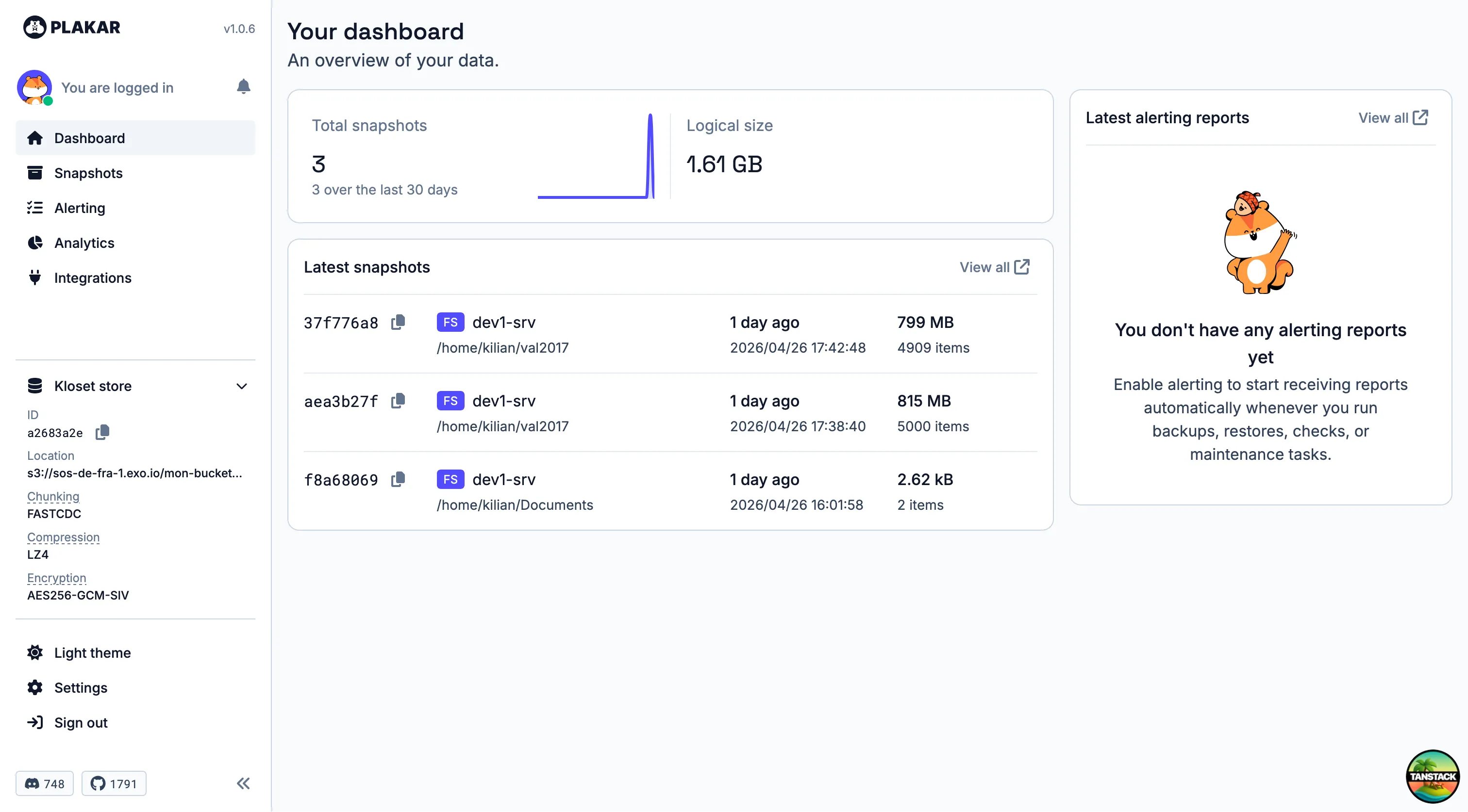 Dashboard principal de Plakar montrant les trois snapshots du store Exoscale