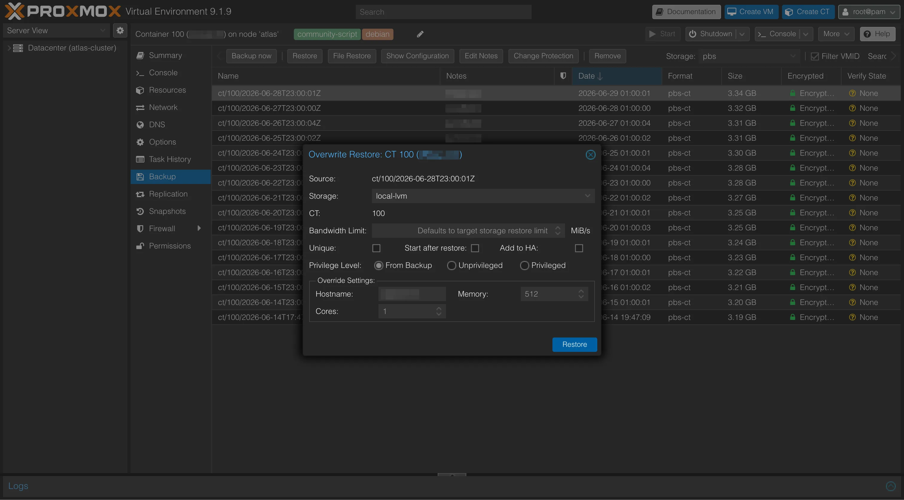 Fenêtre de restauration PBS dans Proxmox : choix du storage de destination, de l'ID et des options de restauration