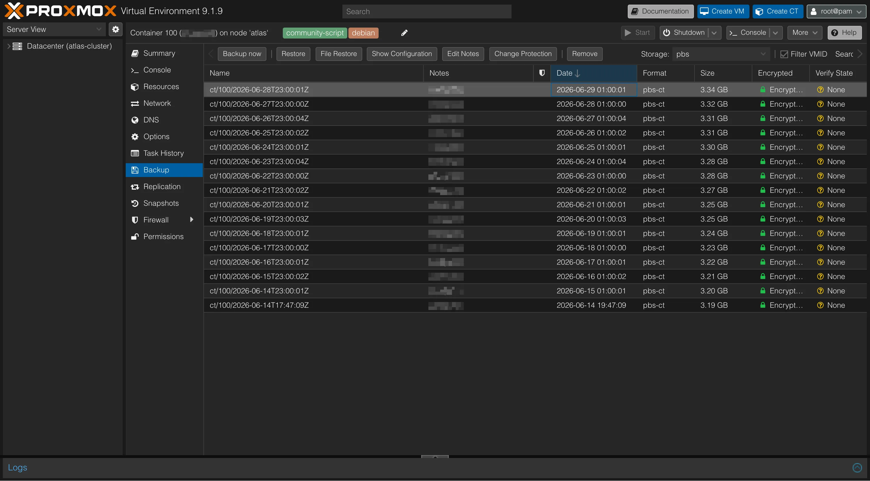 Liste des snapshots PBS d'un conteneur dans Proxmox : historique de sauvegardes chiffrées sur le storage pbs