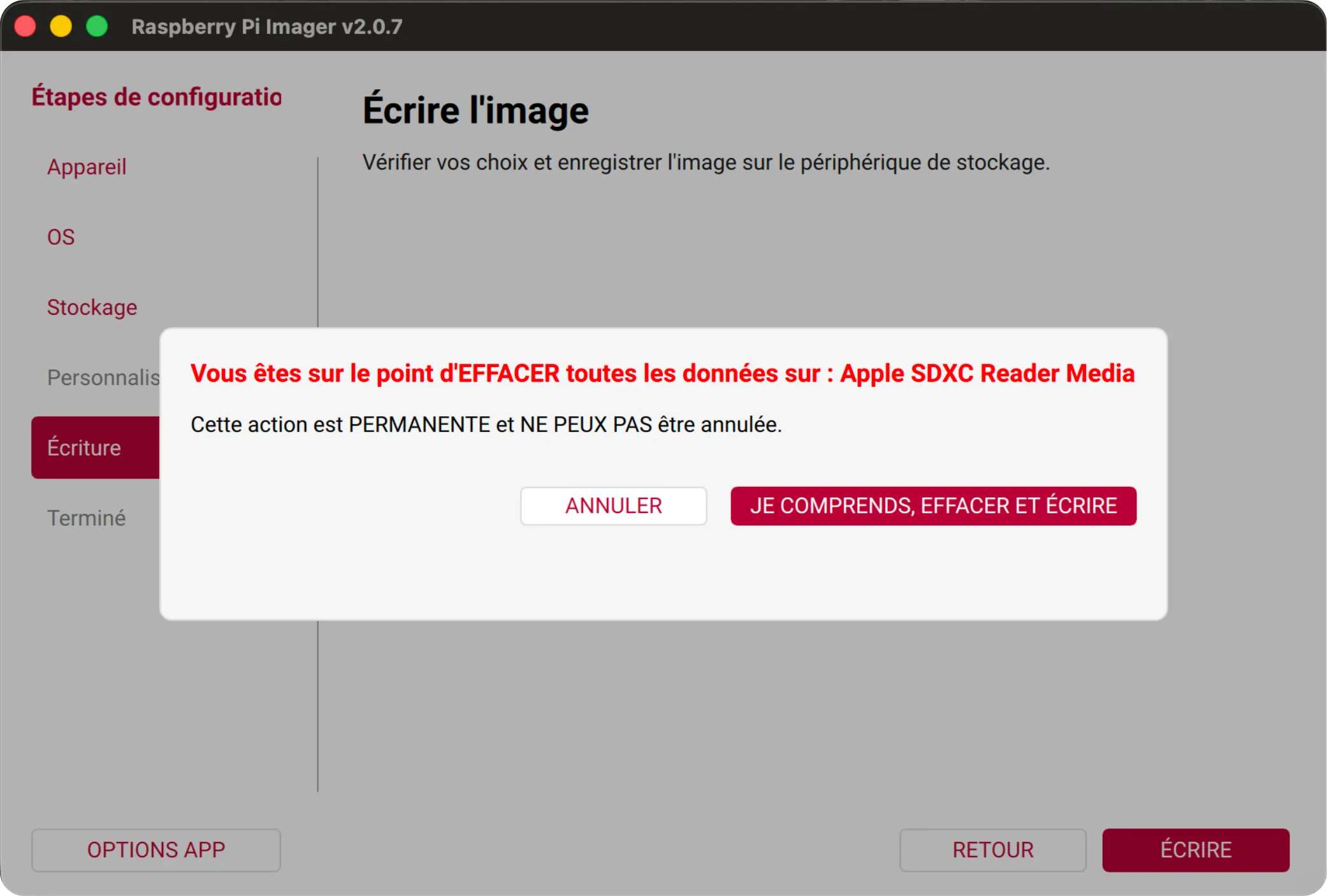 RPi Imager step 5 - confirm before flash