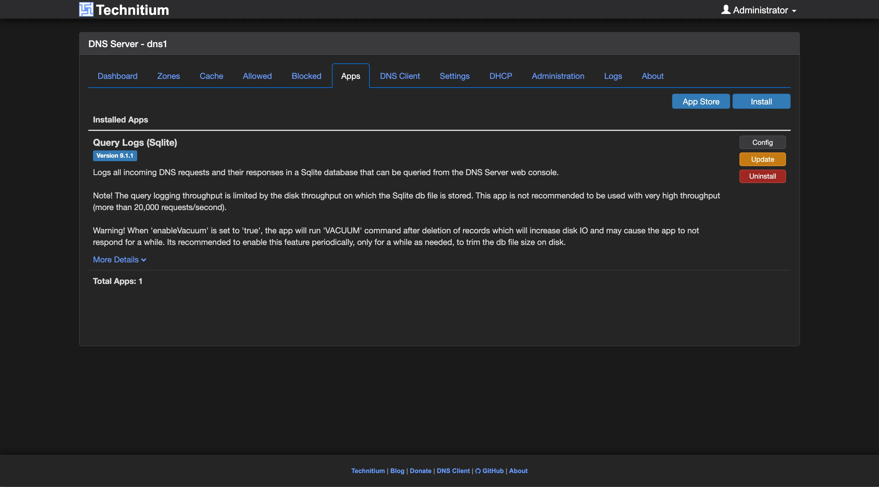 Installation de Query Logs SQLite via l'App Store Technitium