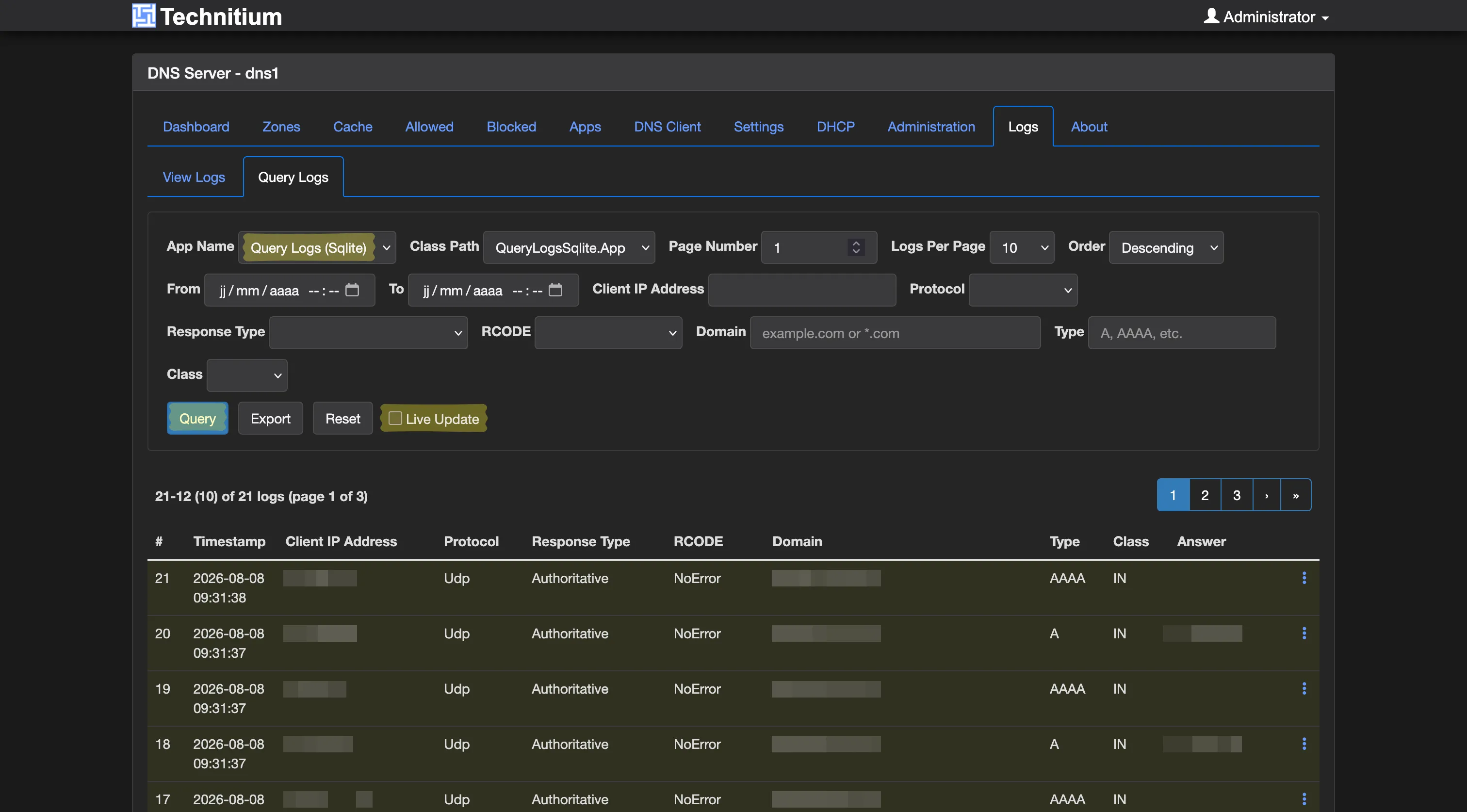 Consultation des Query Logs dans Technitium