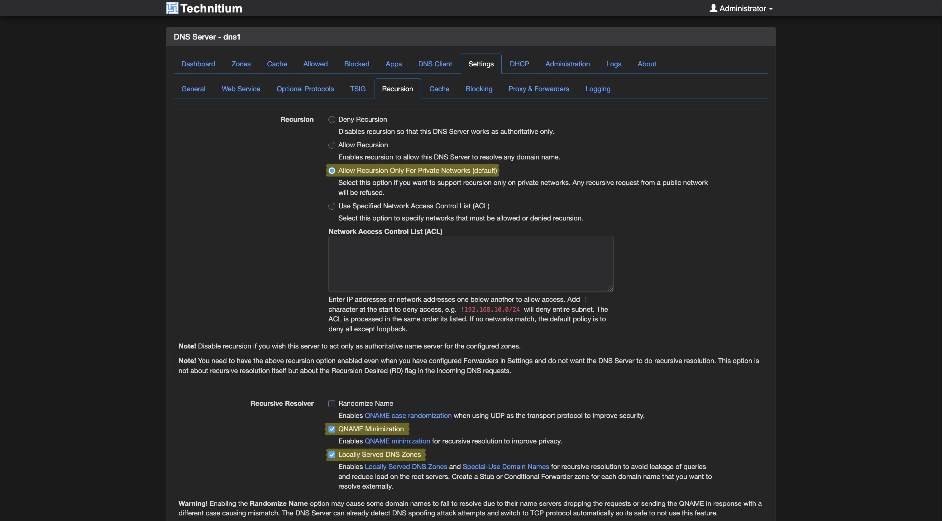 Configuration de la récursivité de Technitium