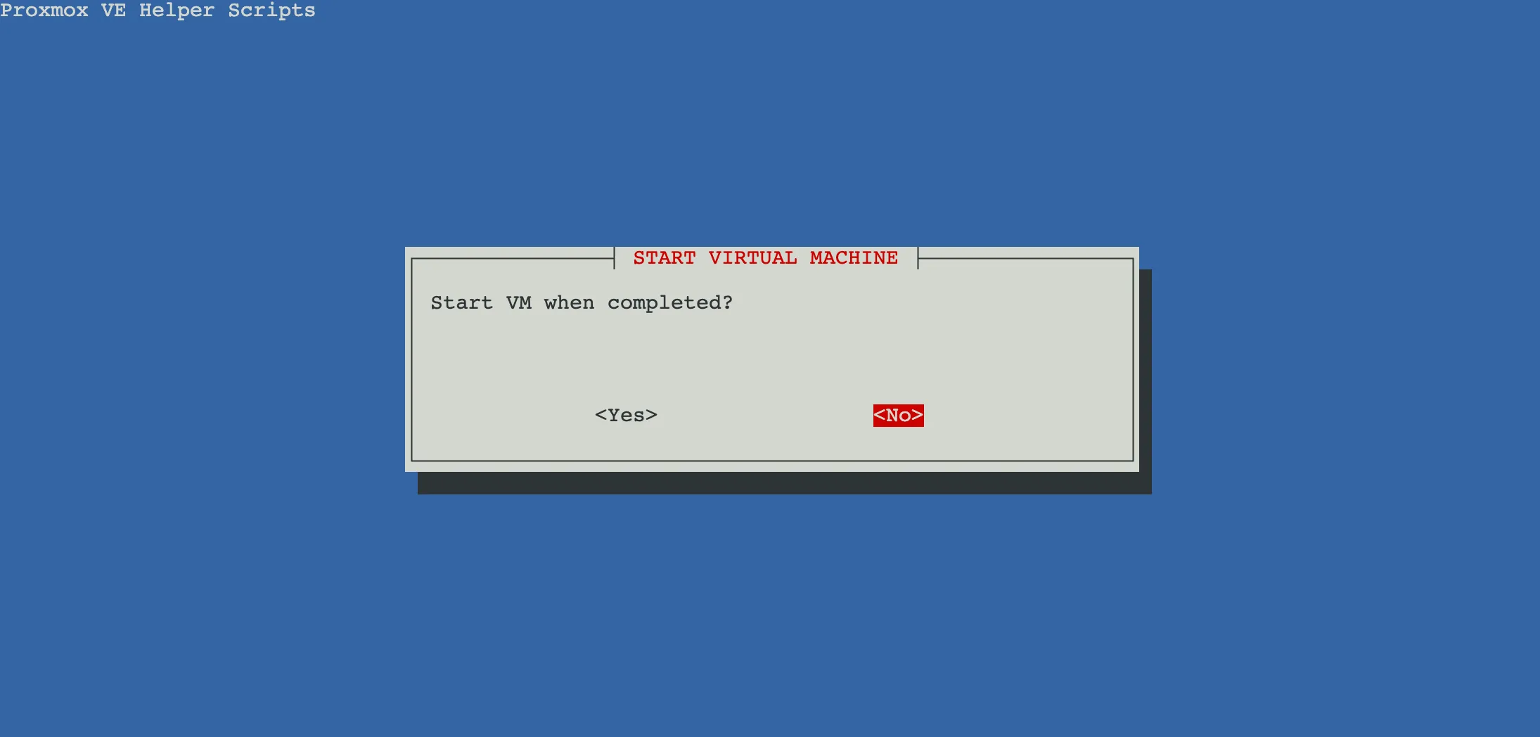 Question "Start VM when completed?" avec No sélectionné