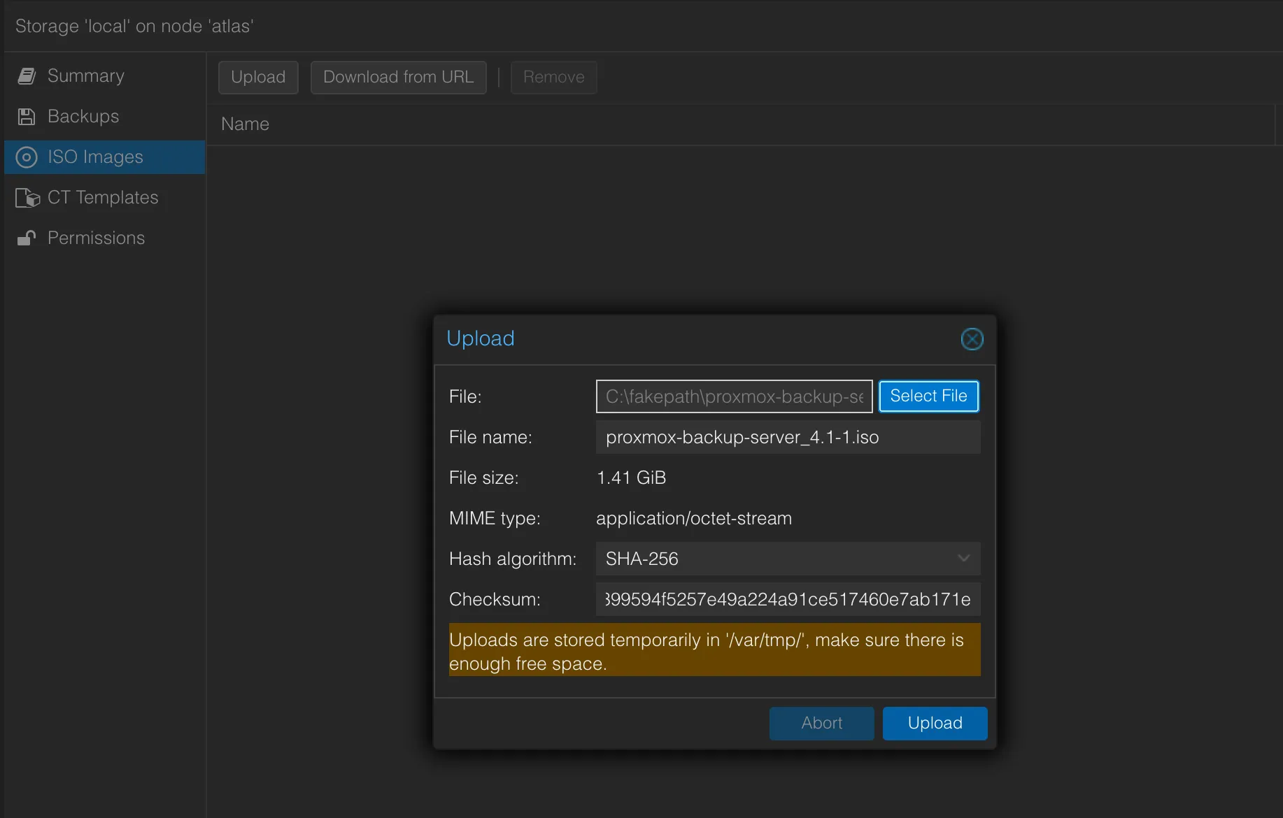 Upload de l'ISO Proxmox Backup Server dans le stockage local du nœud Proxmox